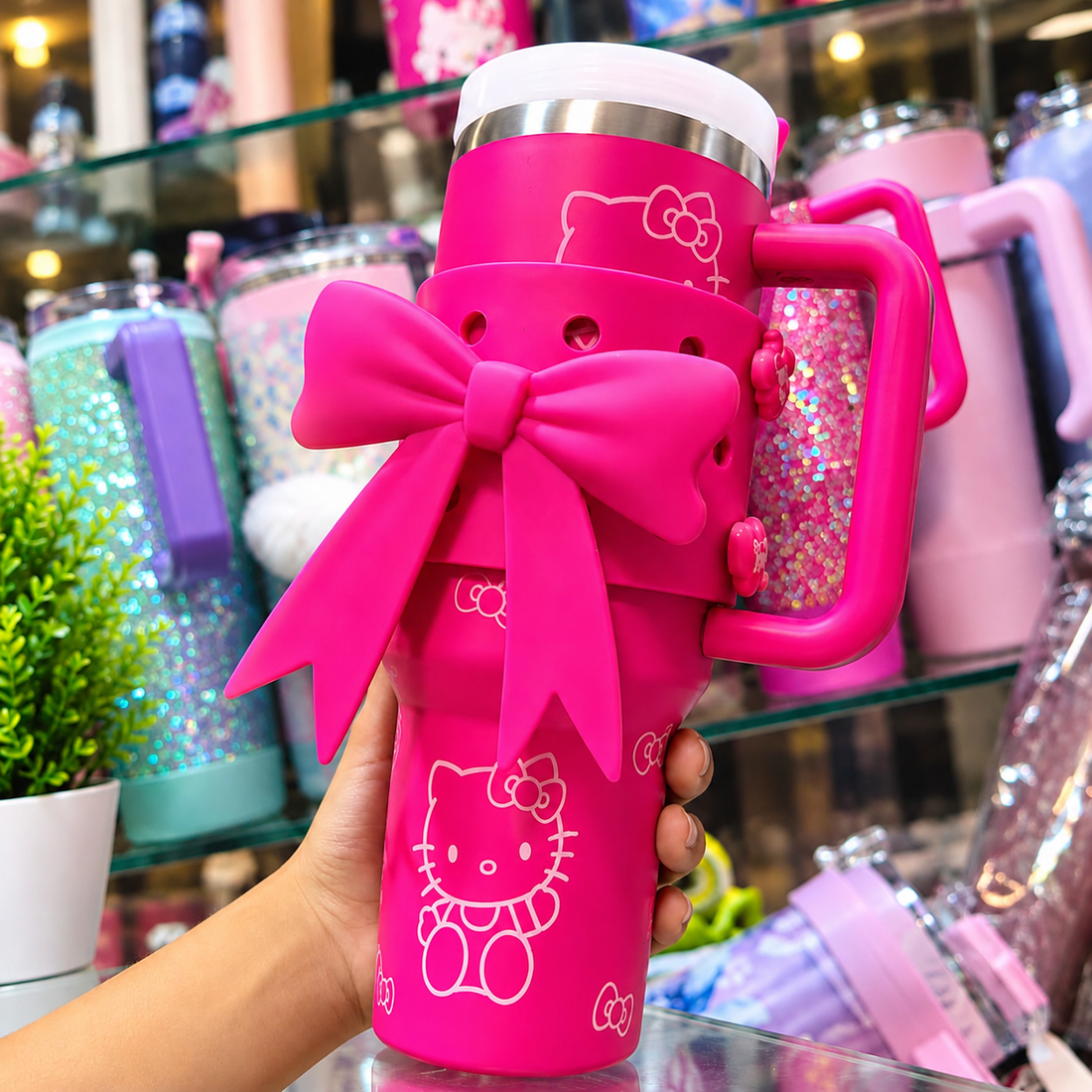 Kitty Pink Bow Insulated Tumbler with Handle & Straw